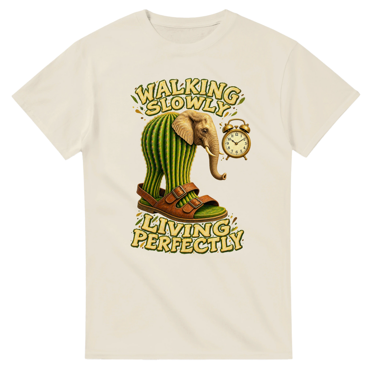 Natural t-shirt printed with Lirili Larila and the words Walking slowly, living perfectly, front view