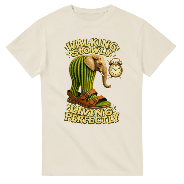 Natural t-shirt printed with Lirili Larila and the words Walking slowly, living perfectly, front view