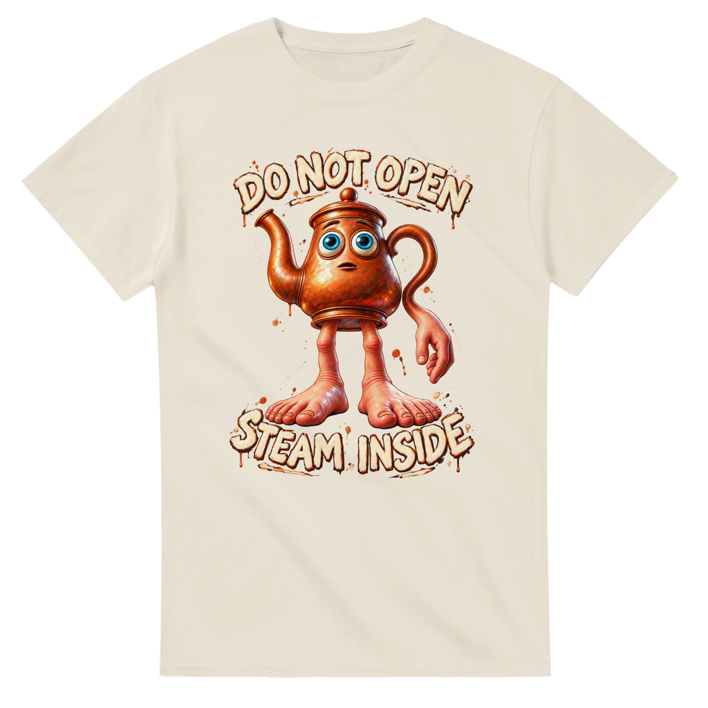 Natural t-shirt printed with Ta Ta Ta Sahur and the words Do not open, steam inside, front view