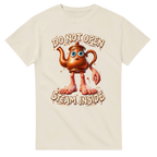 Natural t-shirt printed with Ta Ta Ta Sahur and the words Do not open, steam inside, front view