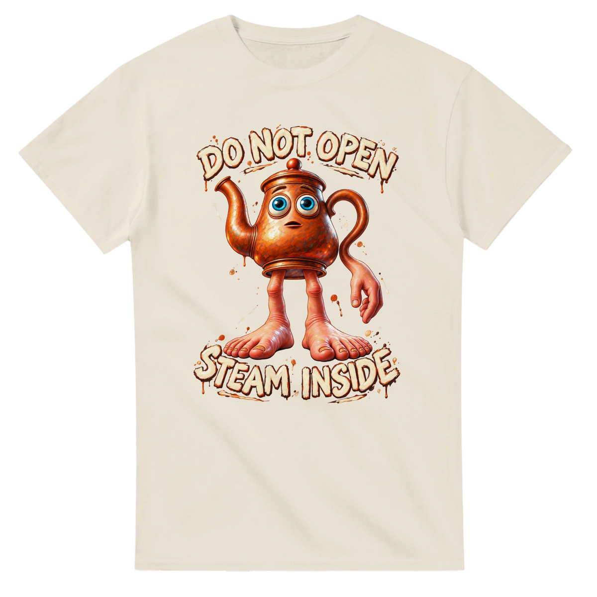 Natural t-shirt printed with Ta Ta Ta Sahur and the words Do not open, steam inside, front view