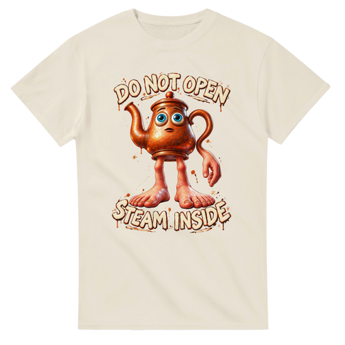 Natural t-shirt printed with Ta Ta Ta Sahur and the words Do not open, steam inside, front view