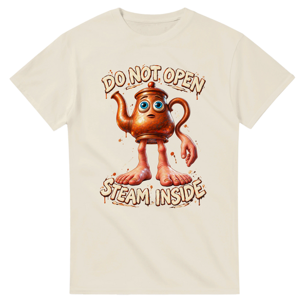 Natural t-shirt printed with Ta Ta Ta Sahur and the words Do not open, steam inside, front view