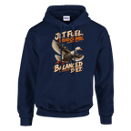 Bombombini Gusini print on a navy pullover hoodie, front view