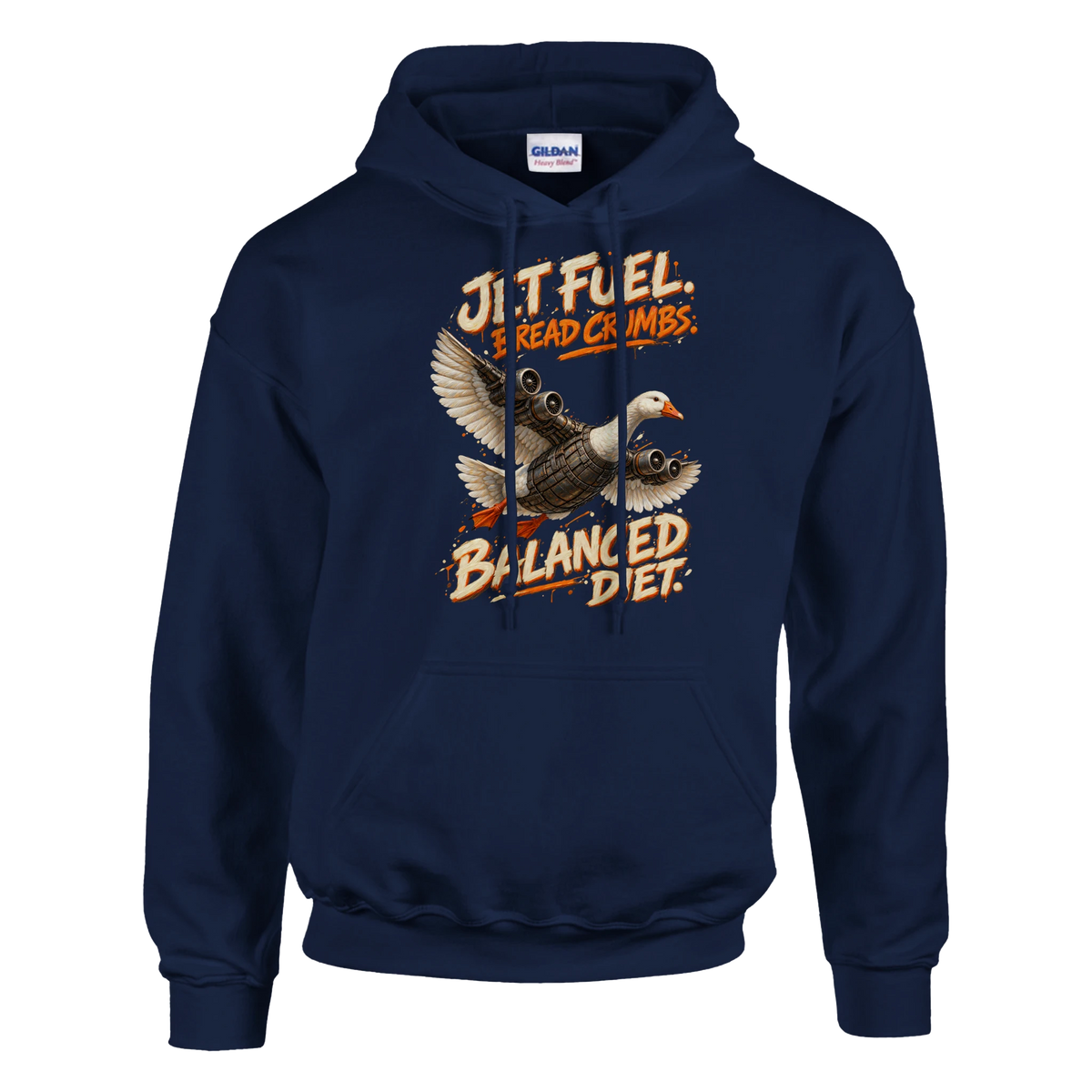 Bombombini Gusini print on a navy pullover hoodie, front view
