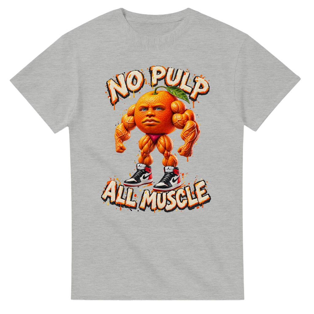 Ash t-shirt printed with Odin Din Din Dun and the words No pulp, all muscle, front view