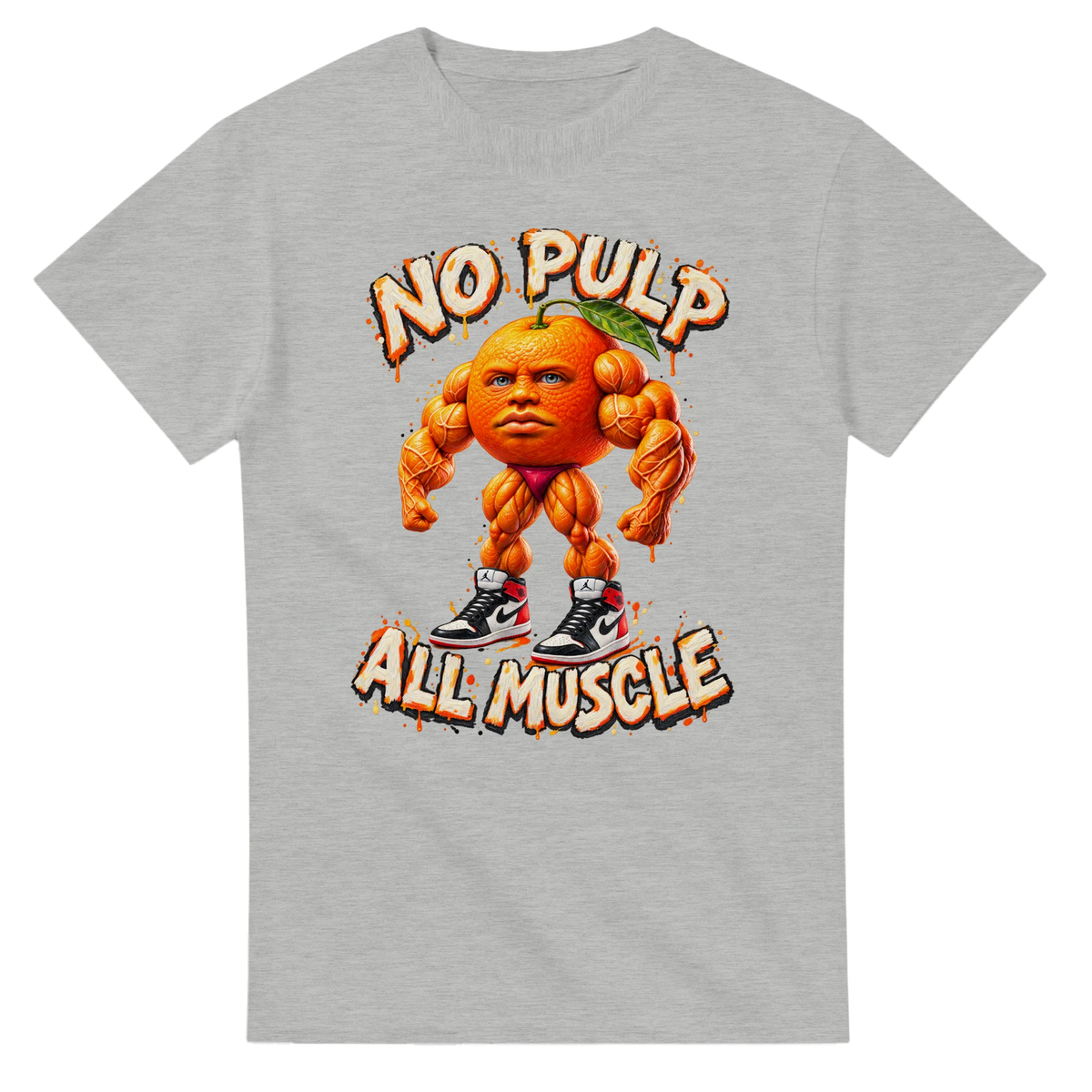 Ash t-shirt printed with Odin Din Din Dun and the words No pulp, all muscle, front view