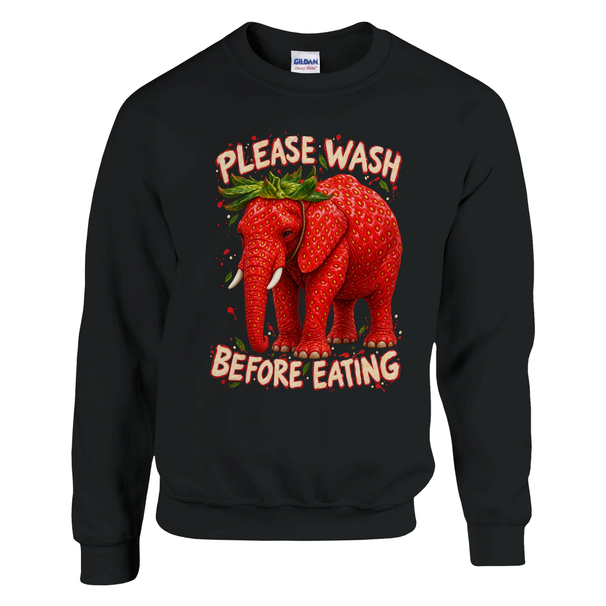 Strawberry Elephant print on a black crewneck sweatshirt, front view