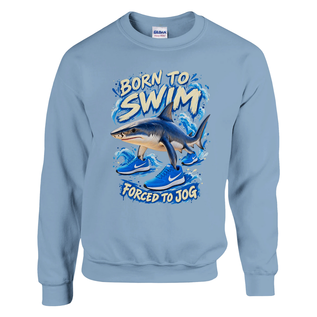 Tralalero Tralala print on a light blue crewneck sweatshirt, front view