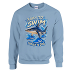 Tralalero Tralala print on a light blue crewneck sweatshirt, front view