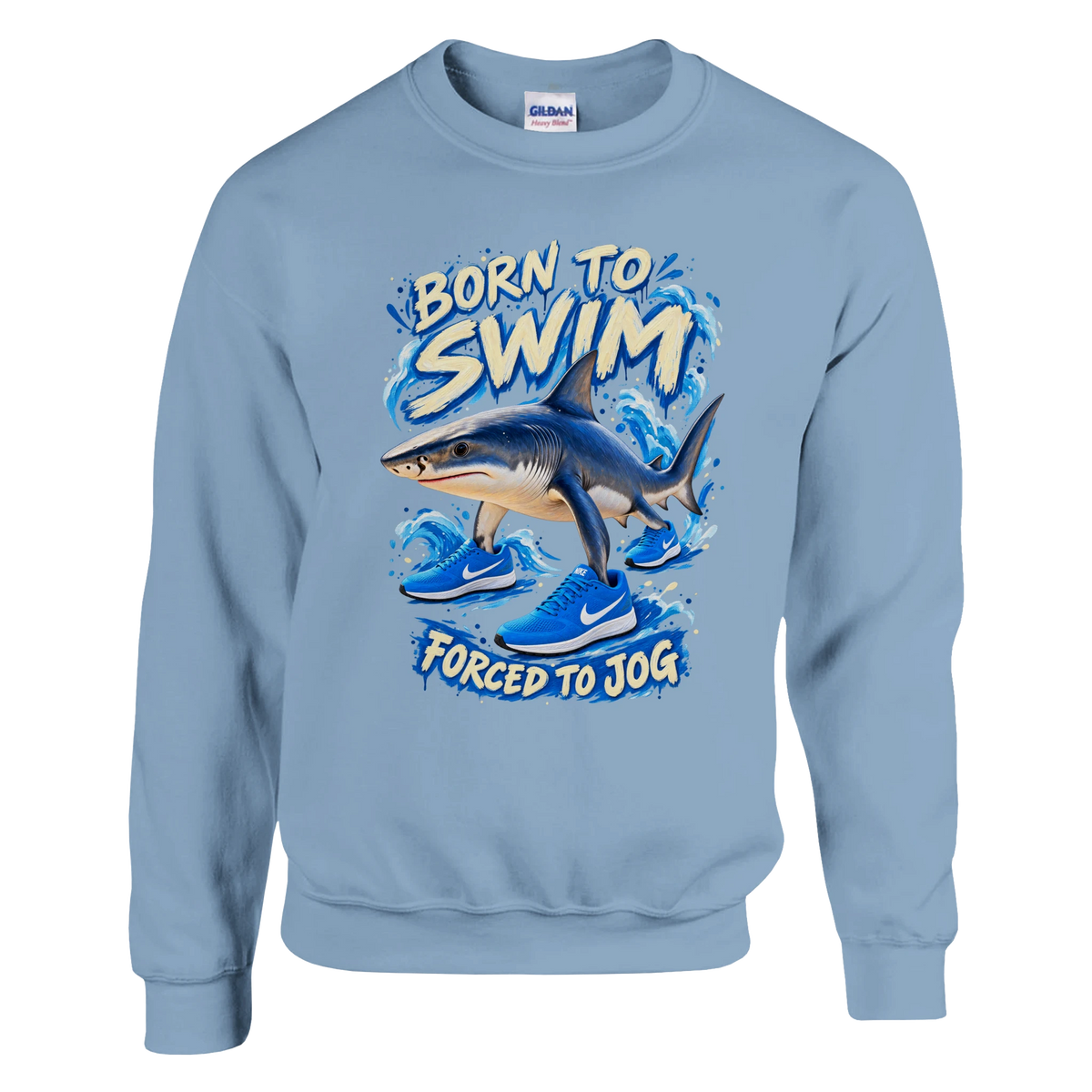 Tralalero Tralala print on a light blue crewneck sweatshirt, front view