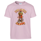 Chicleteira Bicicleteira print on a light pink kids t-shirt, front view