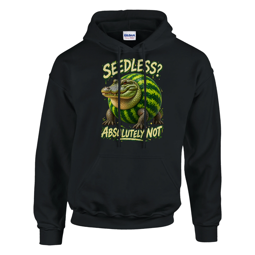 Glorbo Fruttodrillo print on a black pullover hoodie, front view