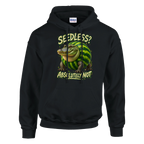 Glorbo Fruttodrillo print on a black pullover hoodie, front view