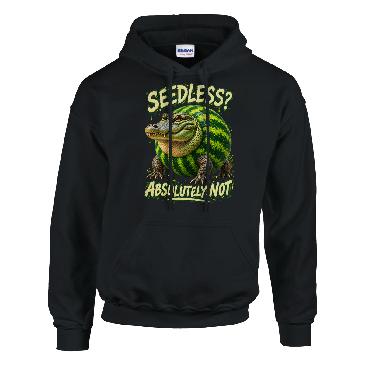Glorbo Fruttodrillo print on a black pullover hoodie, front view