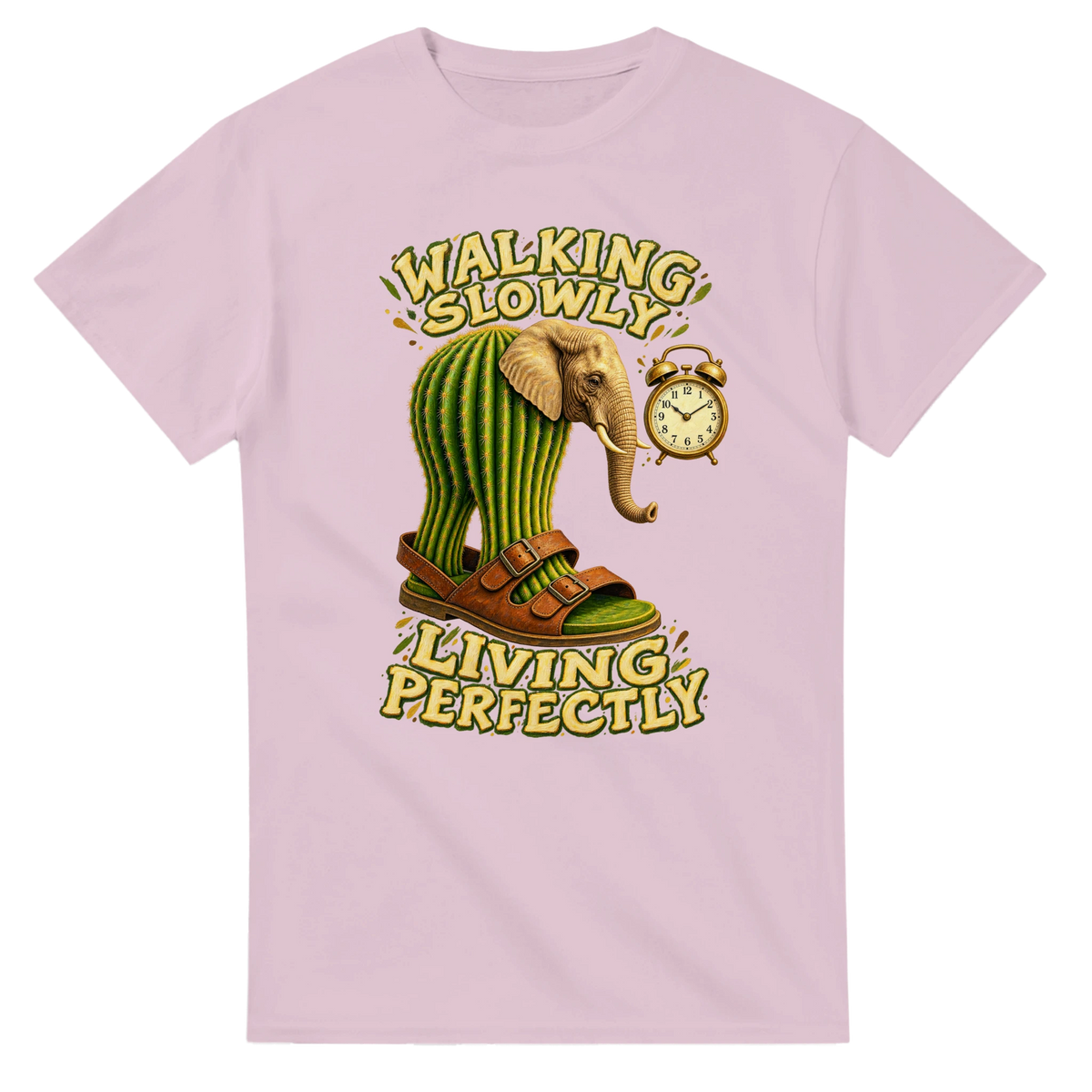 Light Pink t-shirt printed with Lirili Larila and the words Walking slowly, living perfectly, front view