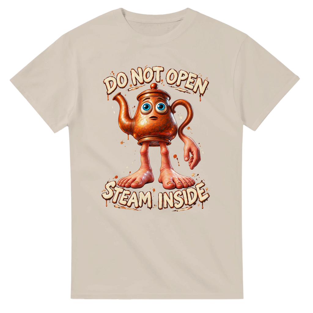 Sand t-shirt printed with Ta Ta Ta Sahur and the words Do not open, steam inside, front view