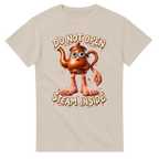 Sand t-shirt printed with Ta Ta Ta Sahur and the words Do not open, steam inside, front view