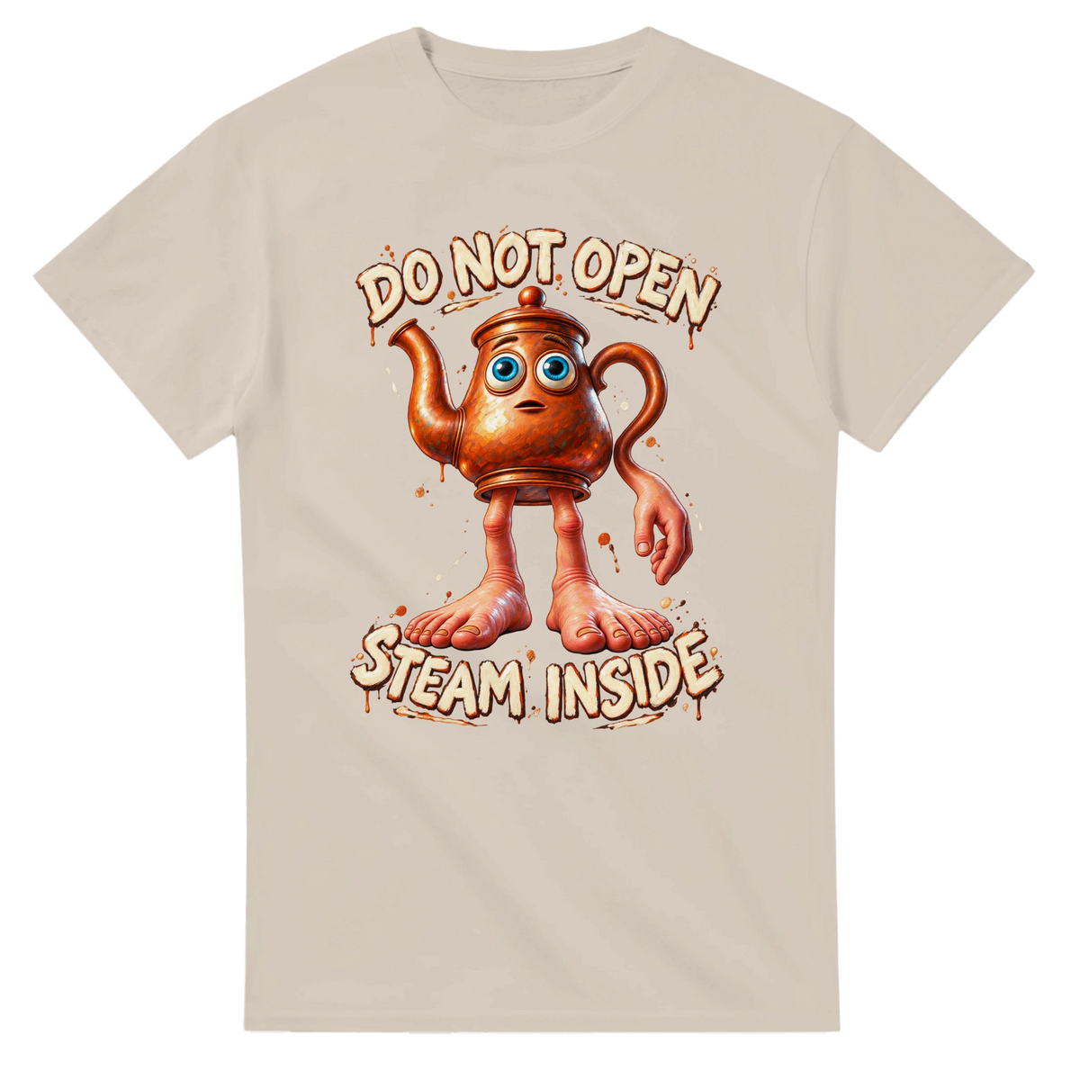 Sand t-shirt printed with Ta Ta Ta Sahur and the words Do not open, steam inside, front view