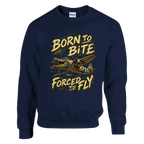 Bombardino Crocodilo print on a navy crewneck sweatshirt, front view