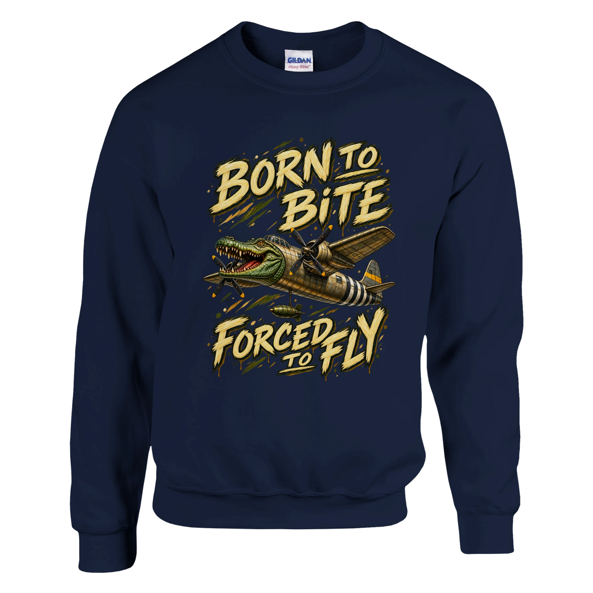 Bombardino Crocodilo print on a navy crewneck sweatshirt, front view