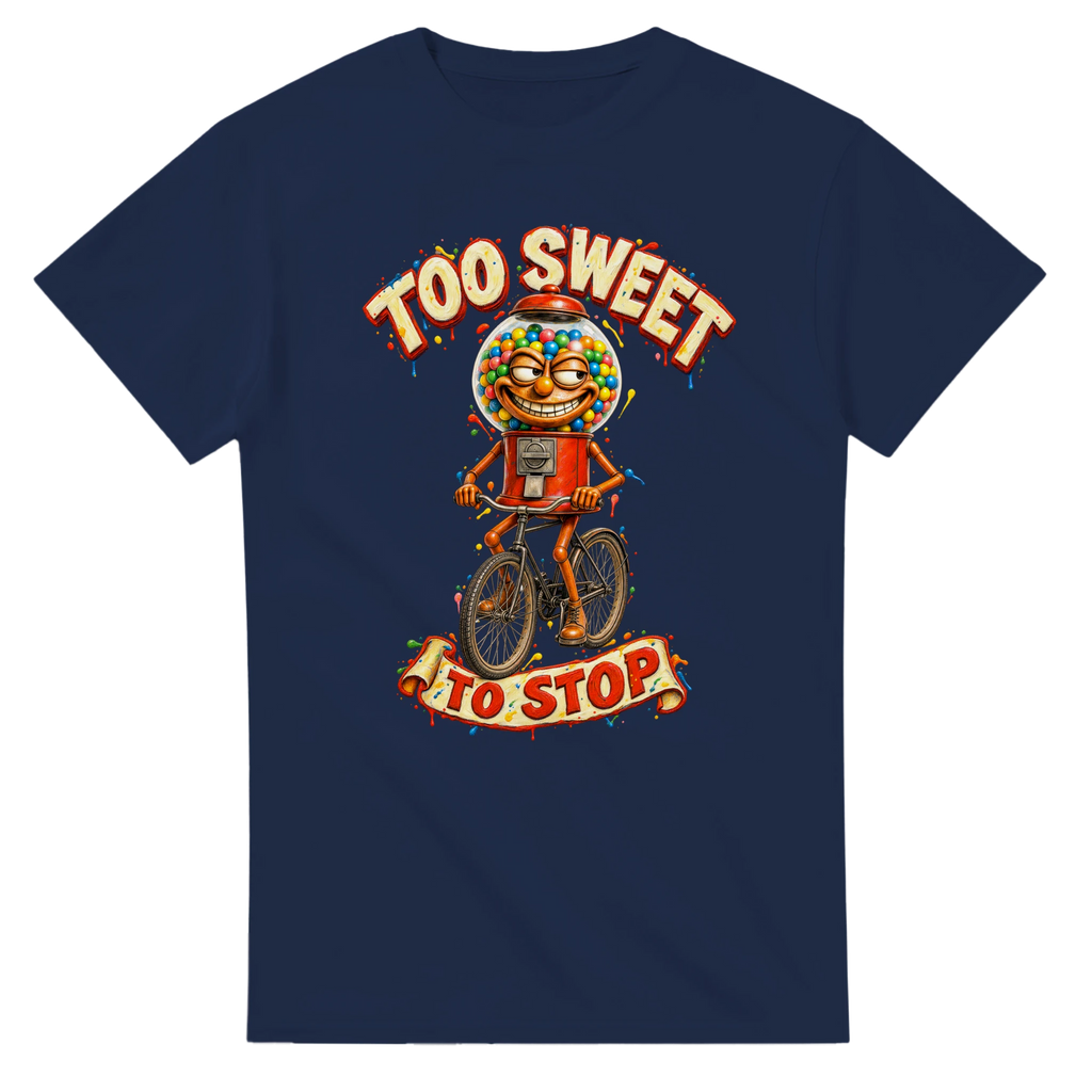 Navy t-shirt printed with Chicleteira Bicicleteira and the words Too sweet to stop, front view
