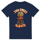 Navy t-shirt printed with Chicleteira Bicicleteira and the words Too sweet to stop, front view