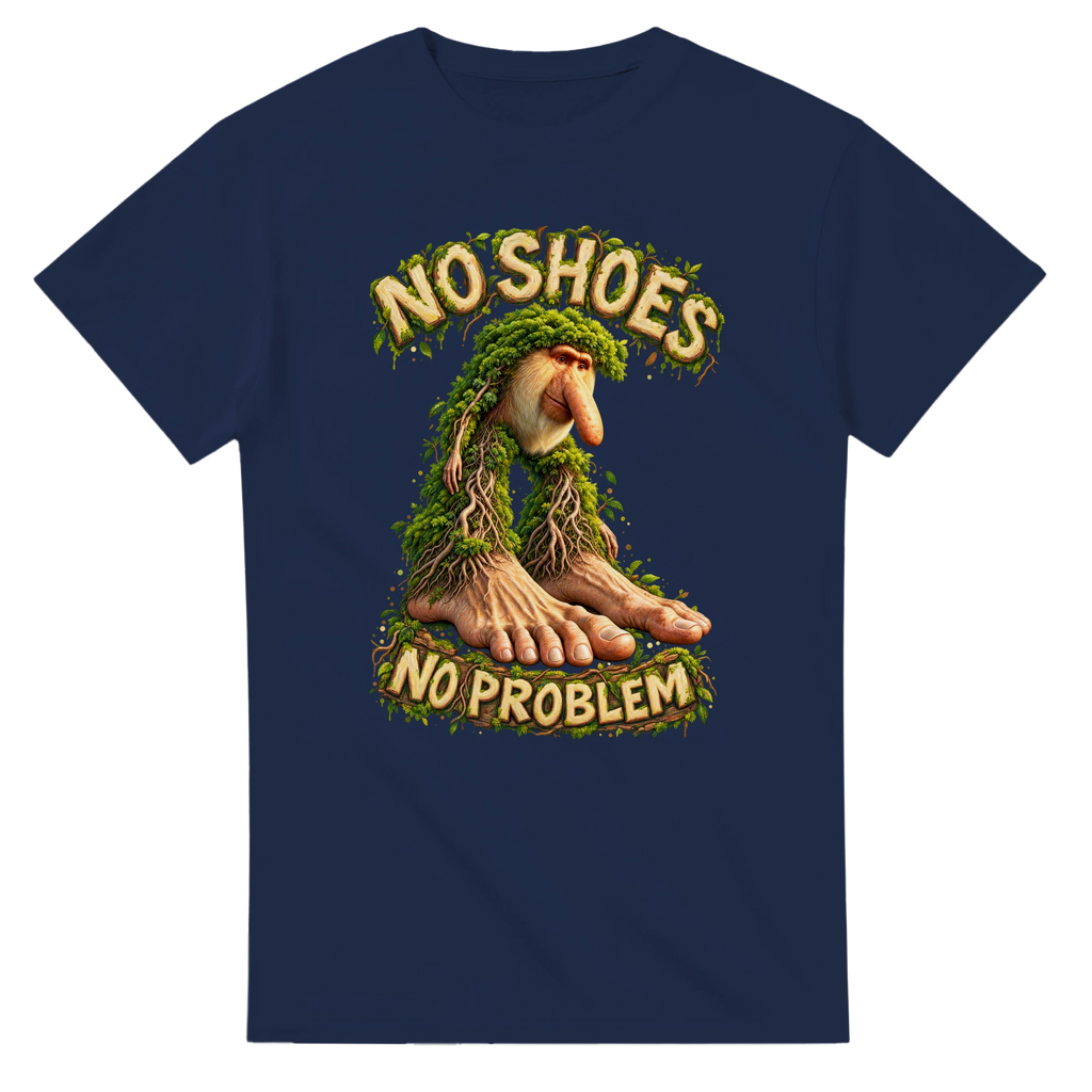 Navy t-shirt printed with Brr Brr Patapim and the words No shoes, no problem, front view
