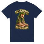 Navy t-shirt printed with Brr Brr Patapim and the words No shoes, no problem, front view