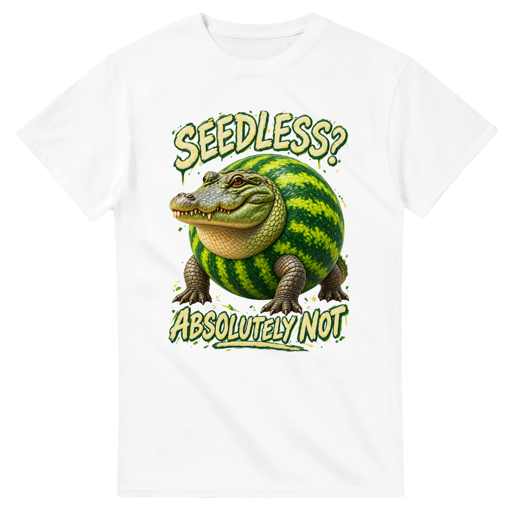 White t-shirt printed with Glorbo Fruttodrillo and the words Seedless? Absolutely not, front view