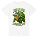 White t-shirt printed with Glorbo Fruttodrillo and the words Seedless? Absolutely not, front view