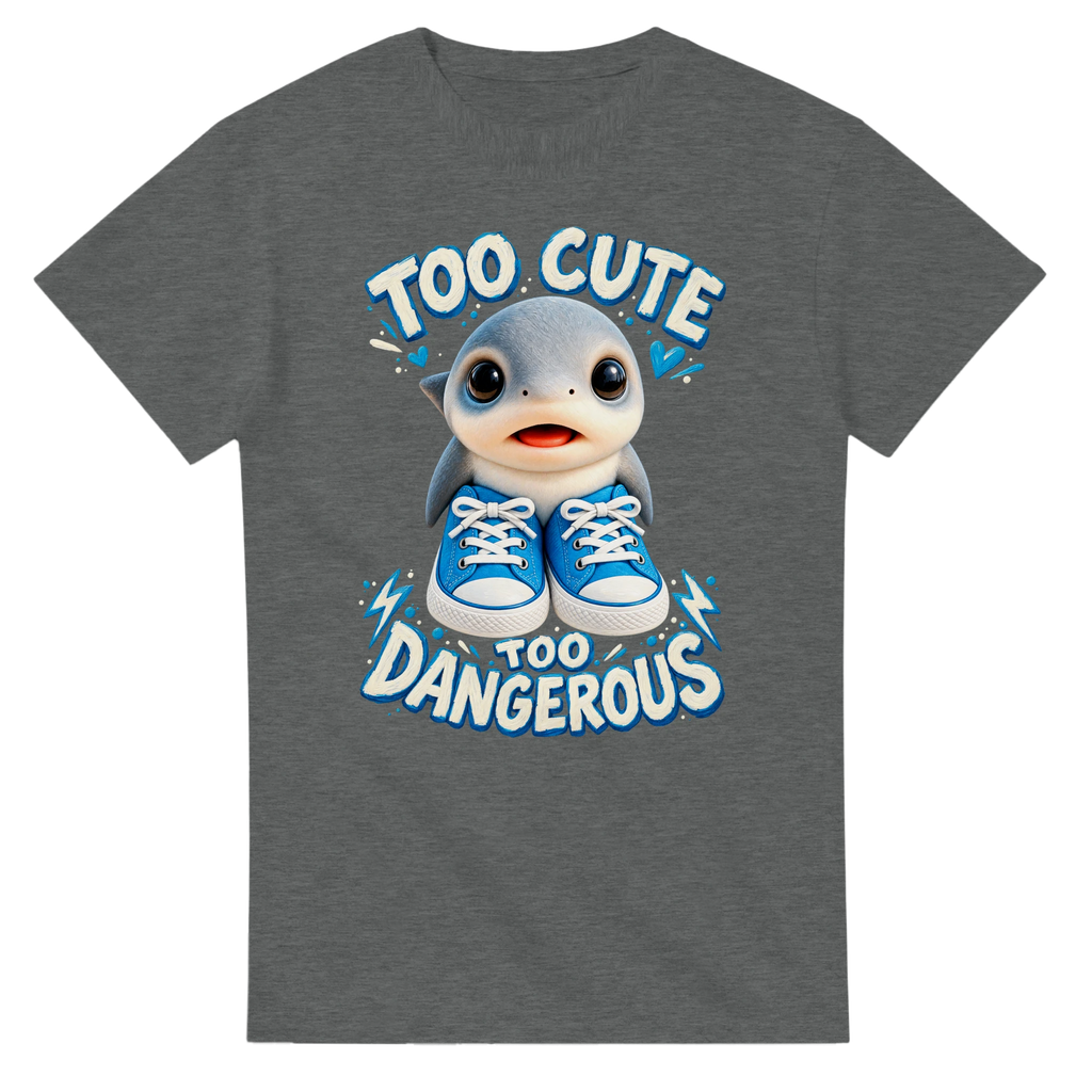 Graphite Heather t-shirt printed with Los Tralaleritos and the words Too cute, too dangerous, front view
