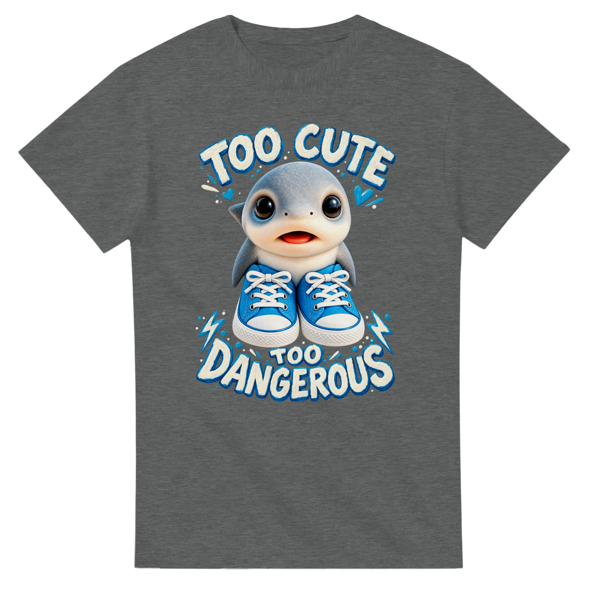 Graphite Heather t-shirt printed with Los Tralaleritos and the words Too cute, too dangerous, front view