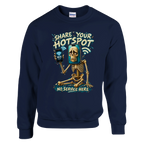 Pot Hotspot print on a navy crewneck sweatshirt, front view
