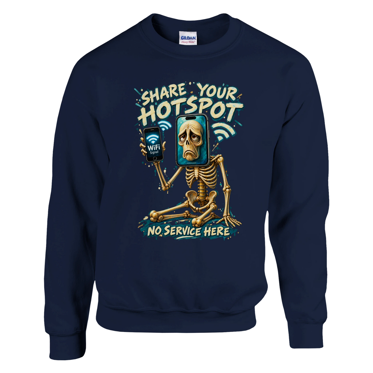 Pot Hotspot print on a navy crewneck sweatshirt, front view