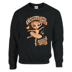 Ballerina Cappuccina print on a black crewneck sweatshirt, front view