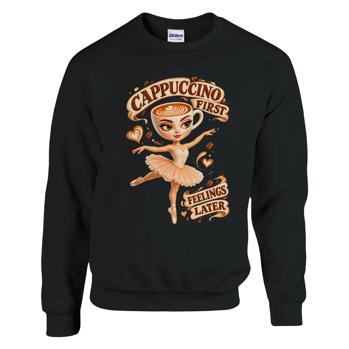 Ballerina Cappuccina print on a black crewneck sweatshirt, front view