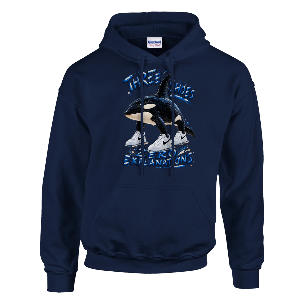 Orcalero Orcala print on a navy pullover hoodie, front view