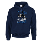 Orcalero Orcala print on a navy pullover hoodie, front view