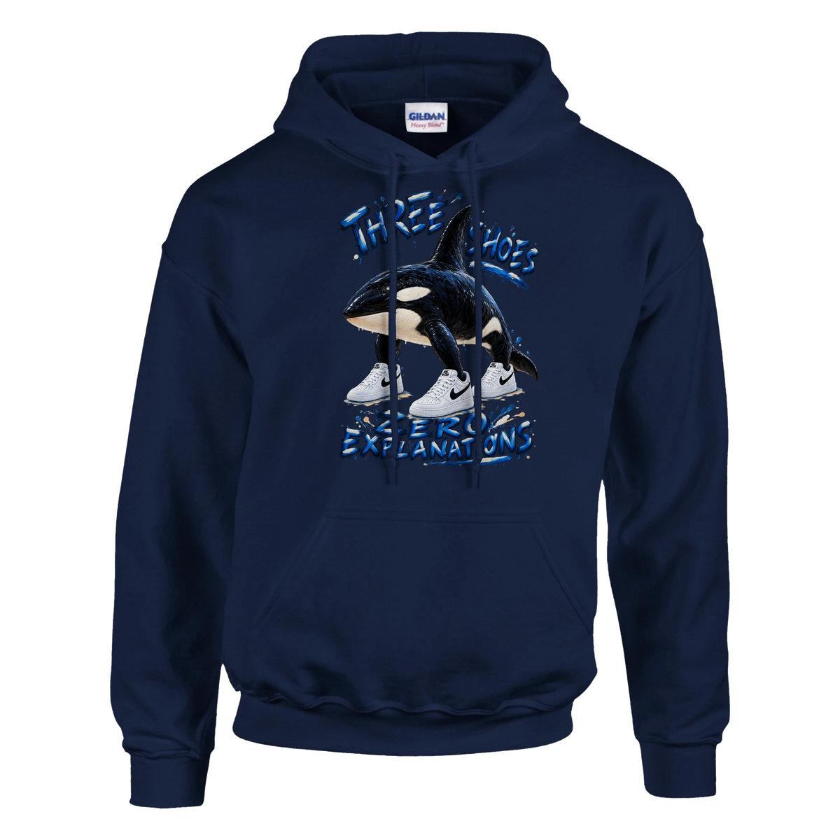 Orcalero Orcala print on a navy pullover hoodie, front view