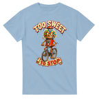 Light Blue t-shirt printed with Chicleteira Bicicleteira and the words Too sweet to stop, front view