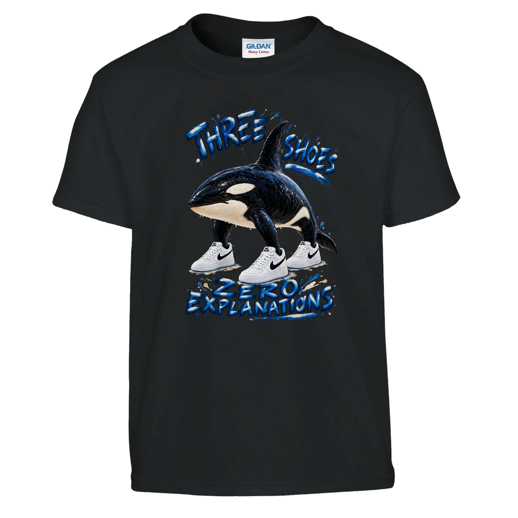 Orcalero Orcala print on a black kids t-shirt, front view