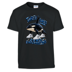 Orcalero Orcala print on a black kids t-shirt, front view