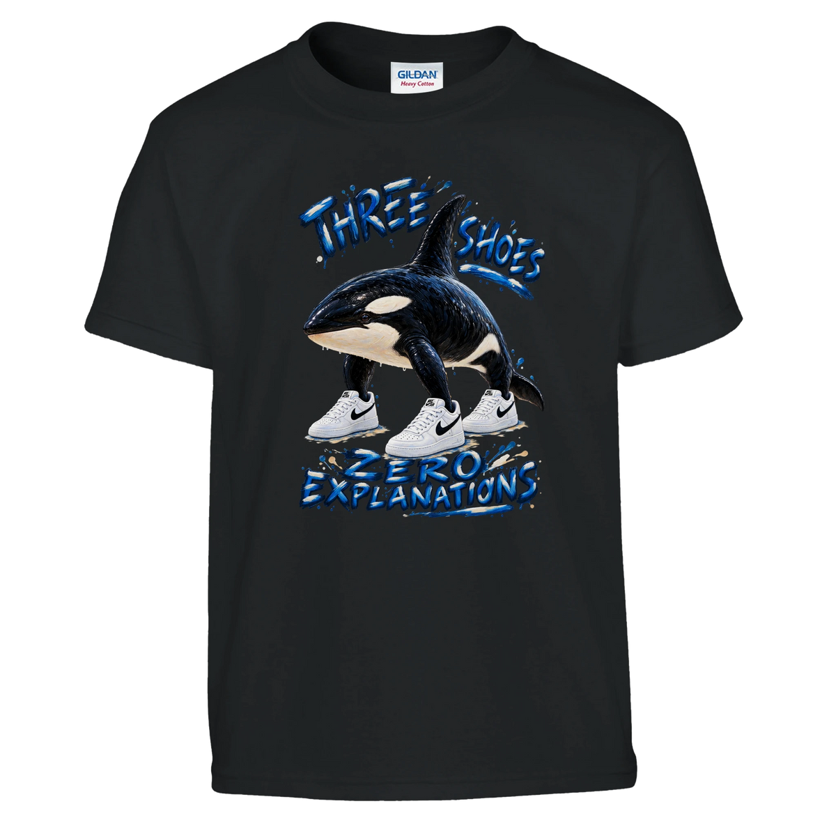 Orcalero Orcala print on a black kids t-shirt, front view