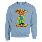 Noobini Pizzanini print on a light blue crewneck sweatshirt, front view