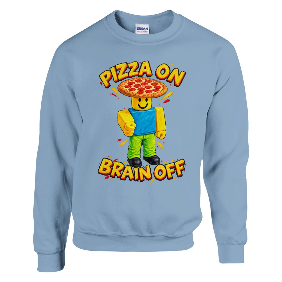 Noobini Pizzanini print on a light blue crewneck sweatshirt, front view