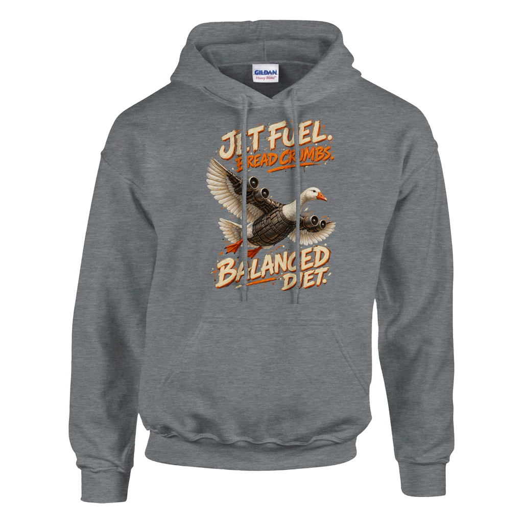 Bombombini Gusini print on a sport grey pullover hoodie, front view
