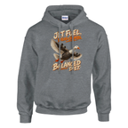 Bombombini Gusini print on a sport grey pullover hoodie, front view