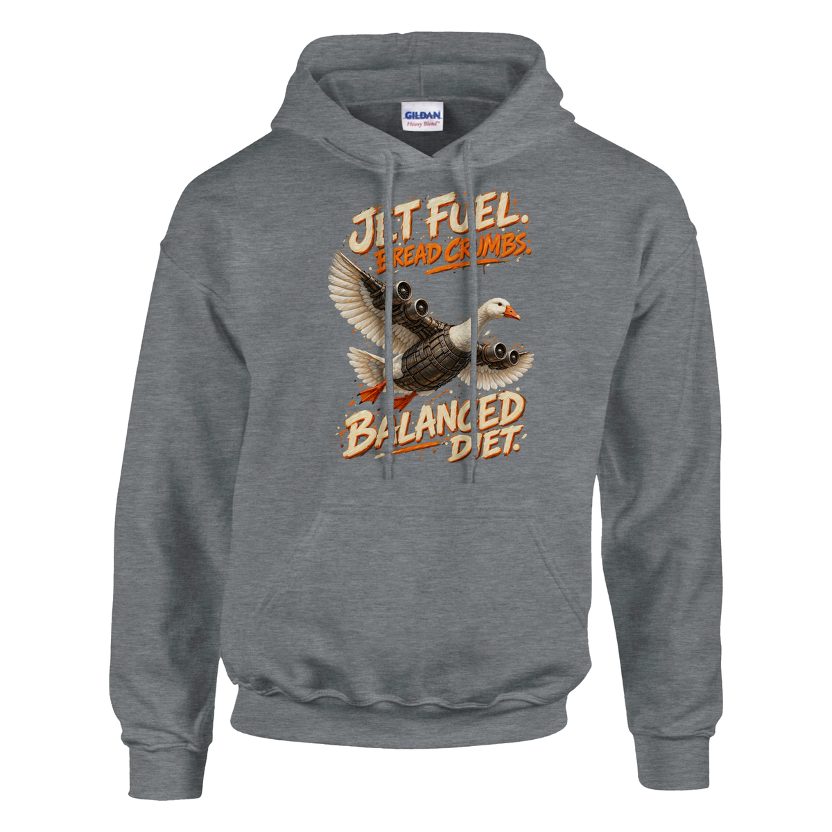 Bombombini Gusini print on a sport grey pullover hoodie, front view