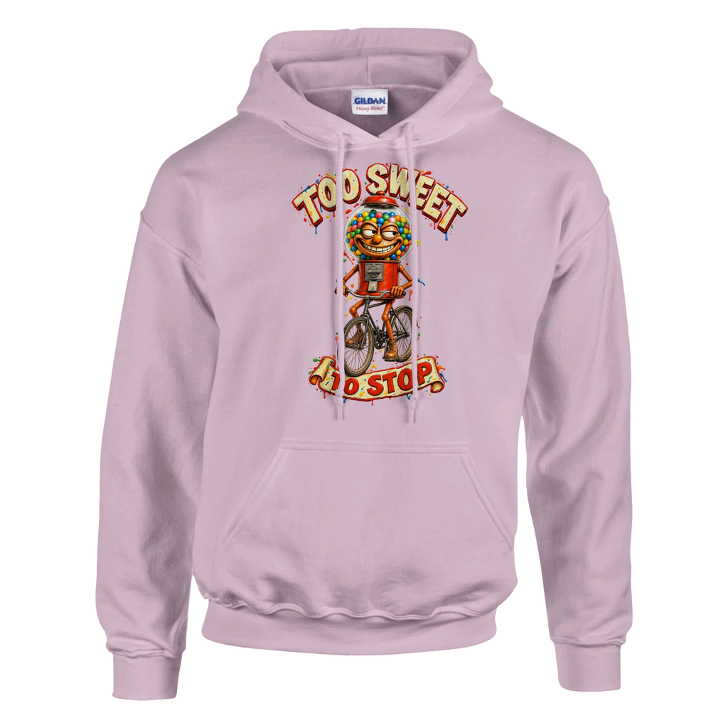Chicleteira Bicicleteira print on a light pink pullover hoodie, front view